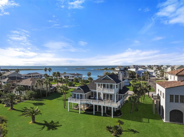 aerial view featuring a water view