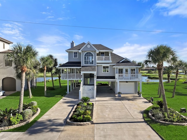 coastal inspired home with a front lawn, stairway, a balcony, and a water view