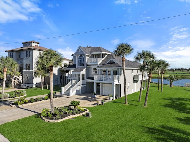 view of front of house featuring driveway, a front yard, a balcony, and a water view