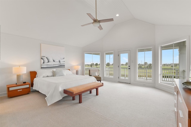 carpeted bedroom with ceiling fan, access to exterior, and high vaulted ceiling