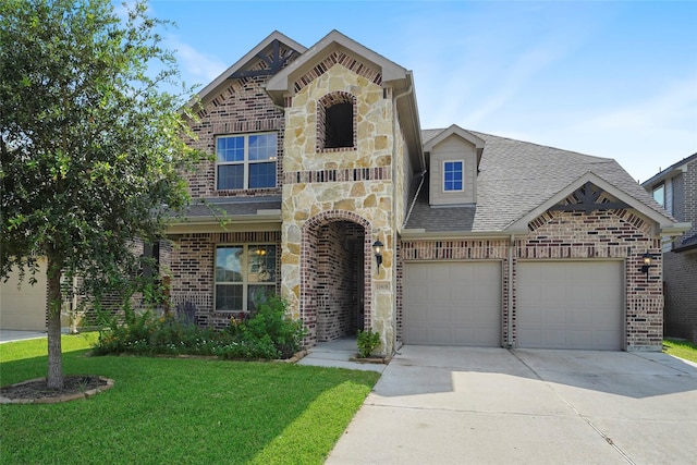 view of front of property with a garage and a front yard