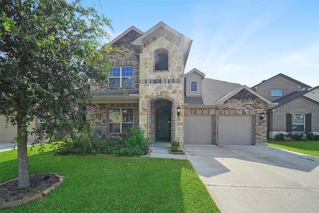 view of front of house featuring a garage and a front lawn