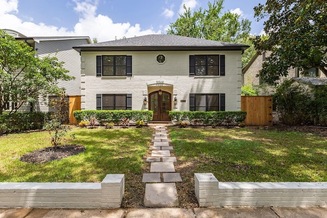 view of front facade featuring french doors and a front lawn