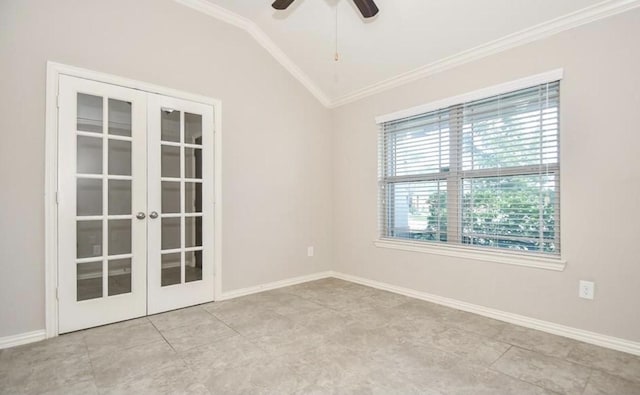 spare room featuring french doors, light tile patterned flooring, crown molding, vaulted ceiling, and ceiling fan