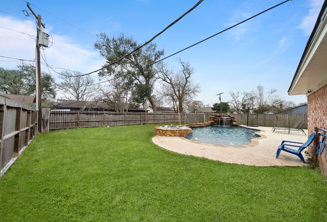 exterior space featuring pool water feature, a yard, and a patio area