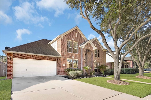 view of property featuring a garage and a front lawn