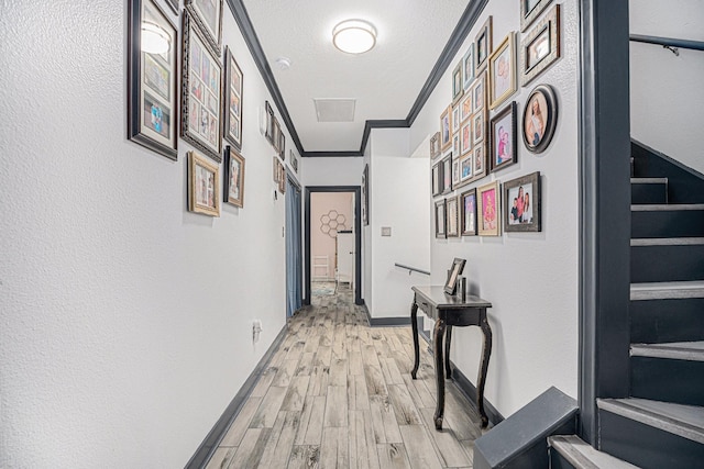 corridor with crown molding, light hardwood / wood-style flooring, and a textured ceiling