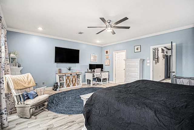 bedroom with light hardwood / wood-style flooring, ornamental molding, and ceiling fan