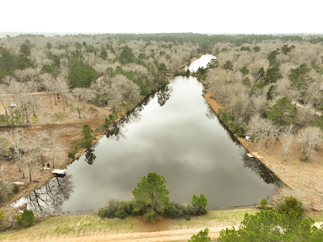 aerial view featuring a forest view and a water view