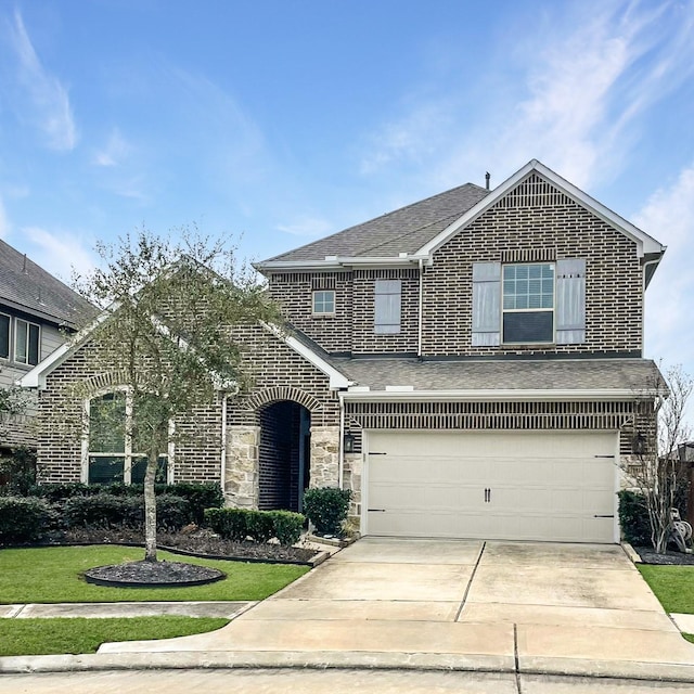 traditional home with a shingled roof, concrete driveway, a garage, stone siding, and brick siding