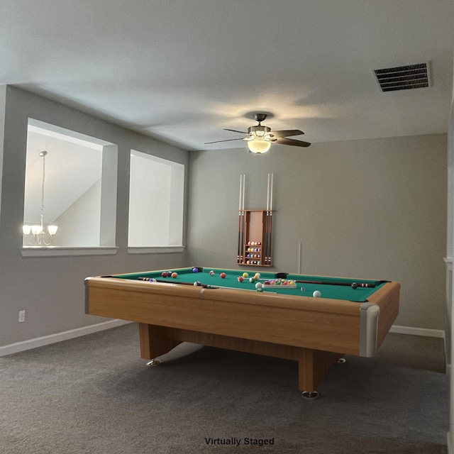 game room featuring pool table, carpet, visible vents, and a ceiling fan