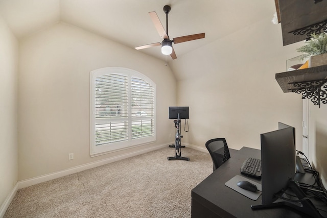 carpeted office featuring ceiling fan and lofted ceiling