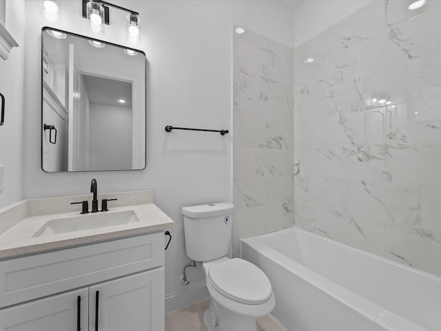 full bathroom with tiled shower / bath combo, vanity, and toilet