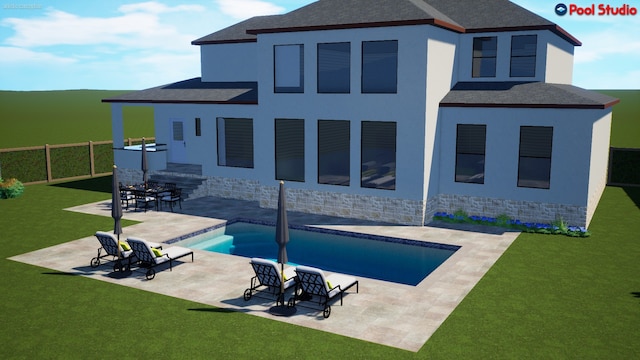 back of house featuring a fenced in pool, a patio, and a yard