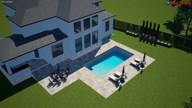 view of pool with a patio area and a lawn