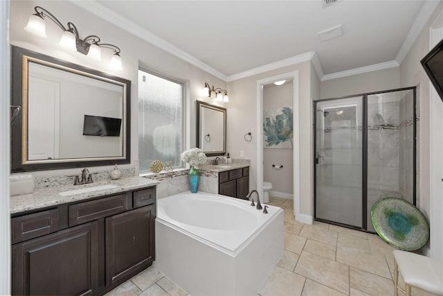 full bathroom with ornamental molding, separate shower and tub, vanity, and toilet