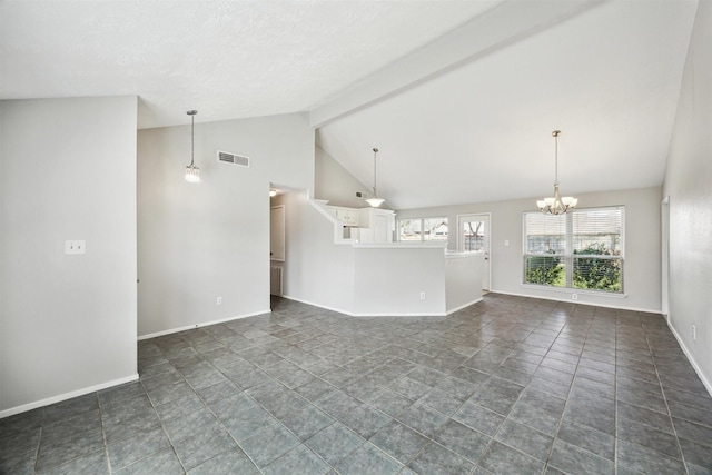 unfurnished living room with beam ceiling, high vaulted ceiling, and a chandelier