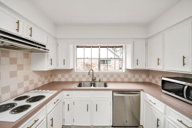 kitchen with stainless steel appliances, ventilation hood, sink, and white cabinets