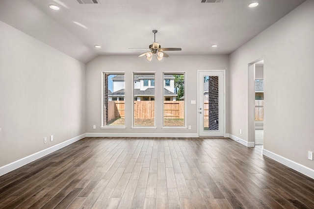 unfurnished room featuring dark hardwood / wood-style floors and ceiling fan