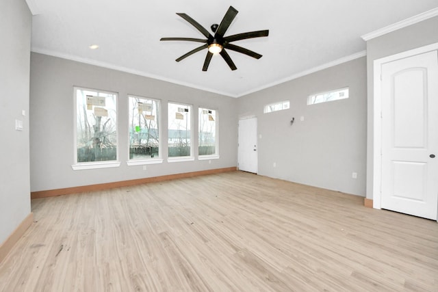 unfurnished living room with ceiling fan, crown molding, a wealth of natural light, and light hardwood / wood-style floors