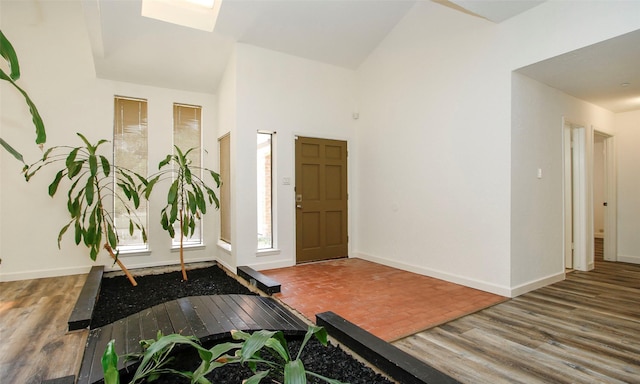 foyer entrance featuring wood-type flooring and lofted ceiling with skylight