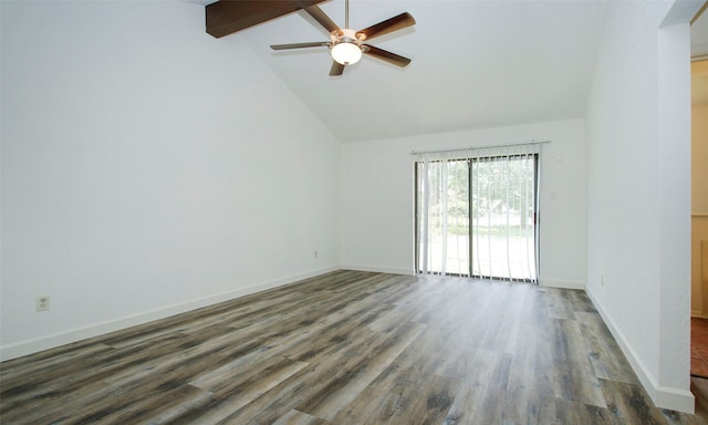 empty room featuring beam ceiling, high vaulted ceiling, dark hardwood / wood-style floors, and ceiling fan