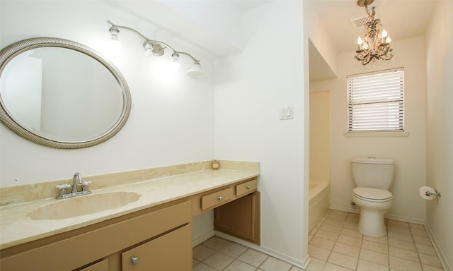 full bathroom with shower / tub combination, vanity, tile patterned floors, toilet, and a chandelier