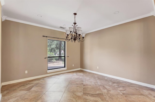 unfurnished room featuring ornamental molding and a chandelier