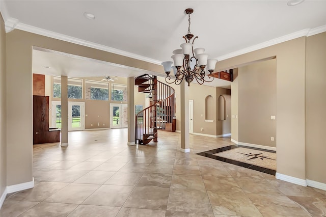 entryway featuring crown molding, ceiling fan with notable chandelier, and light tile patterned flooring