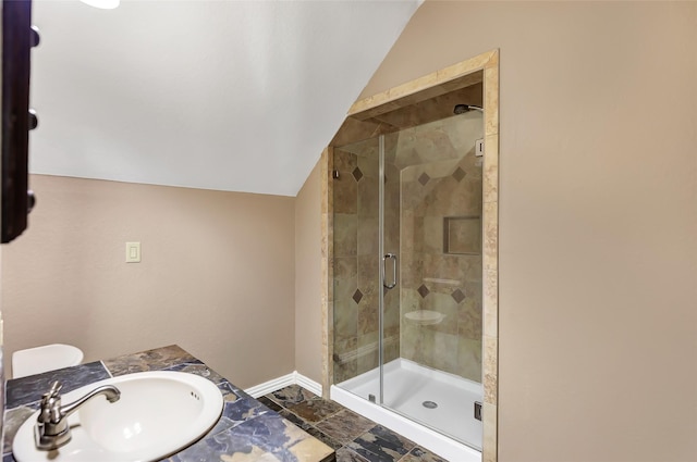 bathroom with lofted ceiling, sink, and a shower with shower door