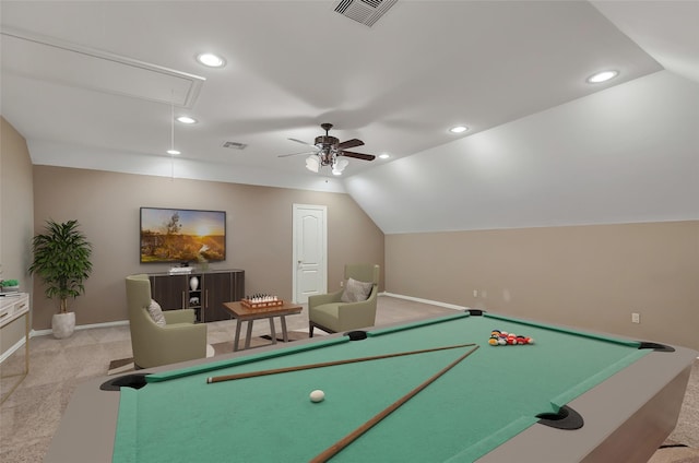 rec room with vaulted ceiling, light carpet, pool table, and ceiling fan