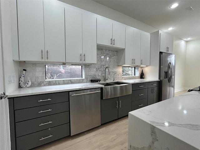 kitchen with backsplash, appliances with stainless steel finishes, white cabinetry, a sink, and light wood-type flooring