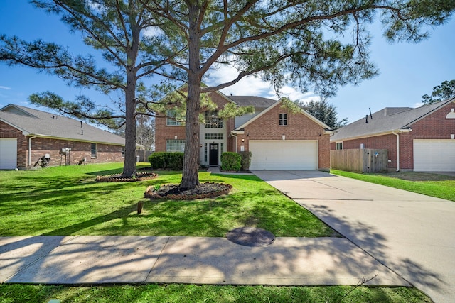 view of front of home featuring driveway, an attached garage, fence, a front lawn, and brick siding