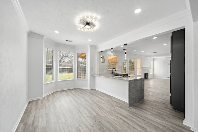 kitchen featuring a fireplace, visible vents, open floor plan, and wood finished floors