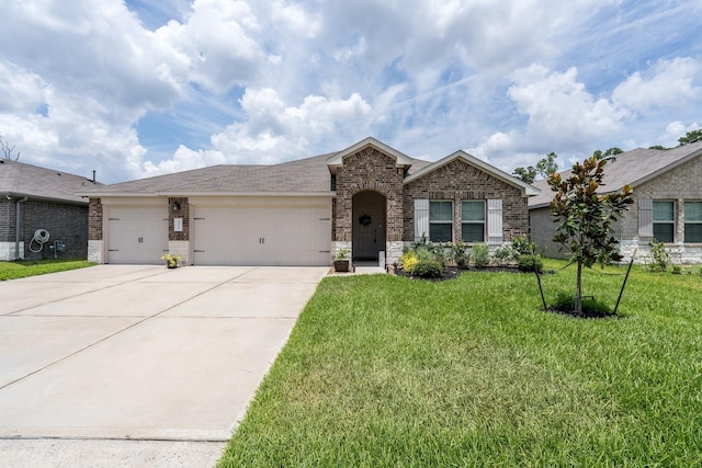 ranch-style house featuring a garage and a front lawn