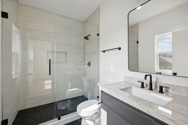 bathroom featuring vanity, toilet, and walk in shower