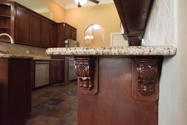 kitchen with dishwasher, ceiling fan, dark brown cabinetry, crown molding, and light stone countertops