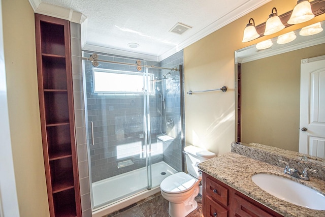 bathroom with walk in shower, toilet, crown molding, a textured ceiling, and vanity