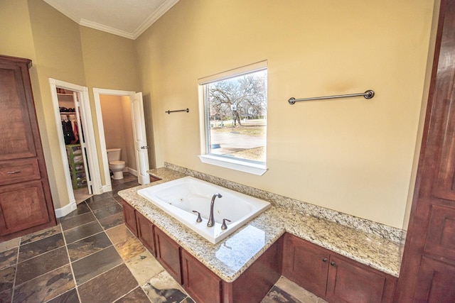 bathroom featuring ornamental molding, a washtub, and toilet