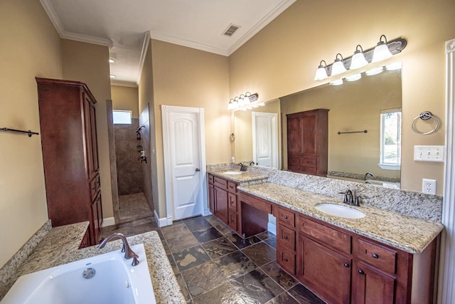 bathroom featuring independent shower and bath, vanity, a wealth of natural light, and crown molding