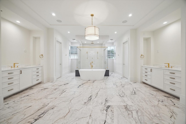 bathroom with vanity and plus walk in shower