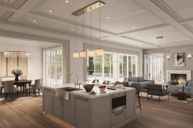 kitchen with pendant lighting, plenty of natural light, a fireplace, and sink