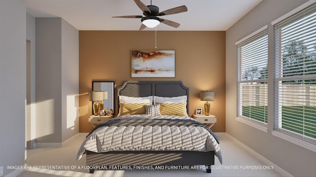 carpeted bedroom featuring baseboards and a ceiling fan