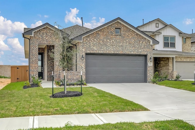 view of front of home featuring brick siding, an attached garage, concrete driveway, and a front lawn