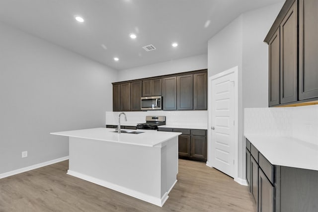 kitchen featuring visible vents, light wood-type flooring, a sink, tasteful backsplash, and appliances with stainless steel finishes