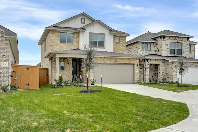 view of front of house with a front lawn, a garage, board and batten siding, and driveway