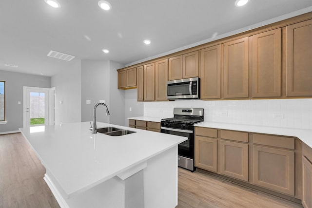 kitchen featuring visible vents, light wood-style flooring, a sink, appliances with stainless steel finishes, and decorative backsplash