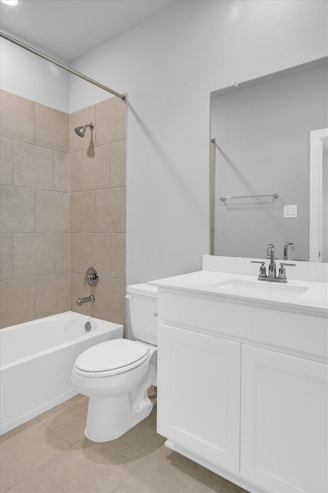 full bath with tile patterned flooring, vanity, toilet, and shower / bathtub combination