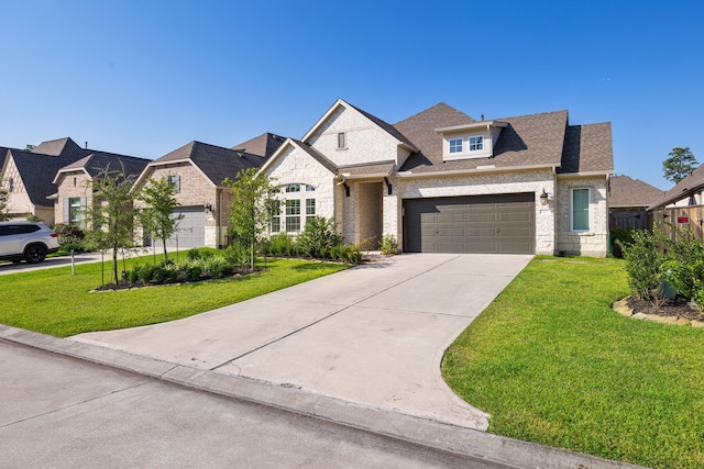 view of front of home with a garage, driveway, a front lawn, and a shingled roof