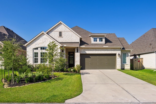 view of front of home with a shingled roof, concrete driveway, fence, a front yard, and brick siding